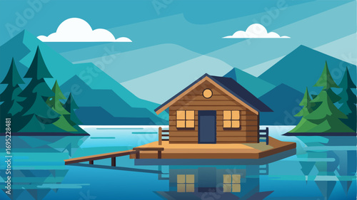 A small cabin made of logs sitting at the edge of a tranquil lake with a dock extending into the water.
