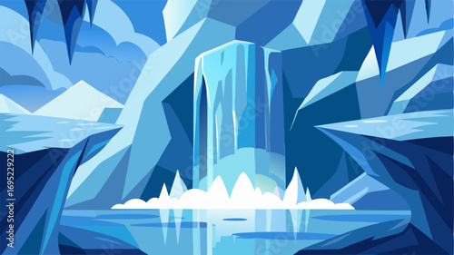 Cascading shards of ice shimmering in the sunlight and reflecting the frozen beauty of the waterfall.