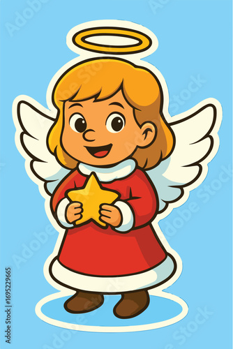 Cute Cartoon Christmas Angel with Wings and Star