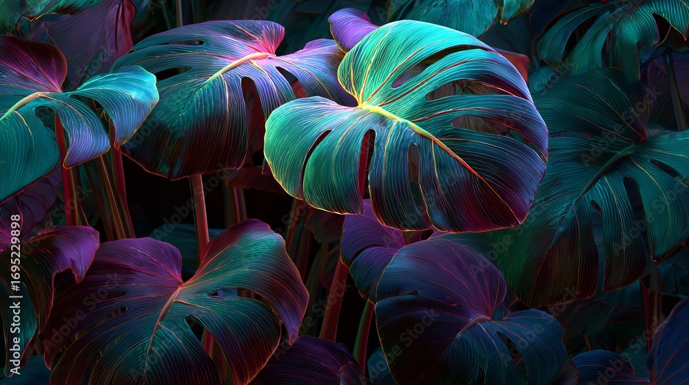 Obraz premium Lush vibrant monstera leaves create stunning botanical tropical pattern with illuminated glowing effect in artistic detail