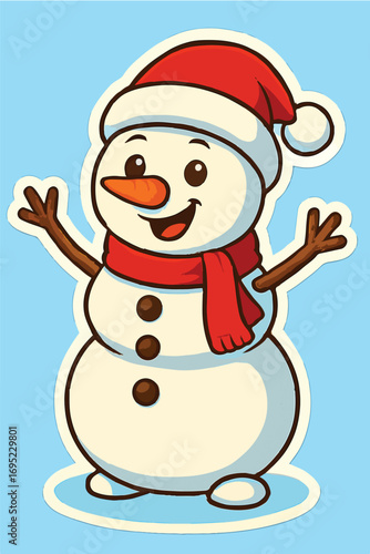 Cute Cartoon Snowman with Santa Hat and Scarf