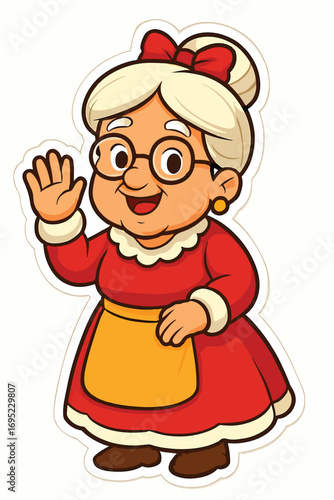 Cute Cartoon Grandma Character in Red Dress Waving