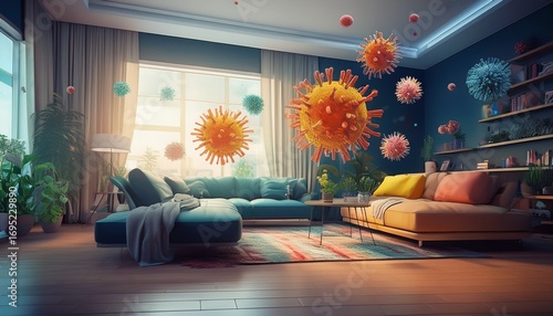 airborne bacteria and viruses floating inside a modern home living room generative ai