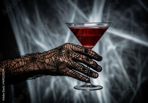 A gloved hand holding a martini glass filled with red liquid, against a backdrop of spiderwebs