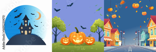 Spooky Halloween vector illustration set featuring haunted house, carved pumpkins, bats, autumn leaves, and festive street decorations. Perfect for holiday design projects.