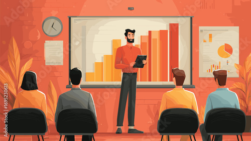 Confident businessman giving presentation with bold orange chart to engaged audience for corporate training promotion.

