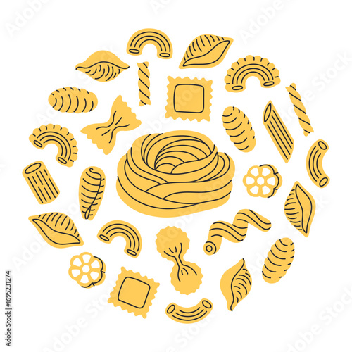 Different types of pasta. Hand drawn doodle macaroni, farfalle, penne, fusilli, stellino, ruot, ditalini. Italian cuisine gourmet food elements. Vector illustration in trendy flat style