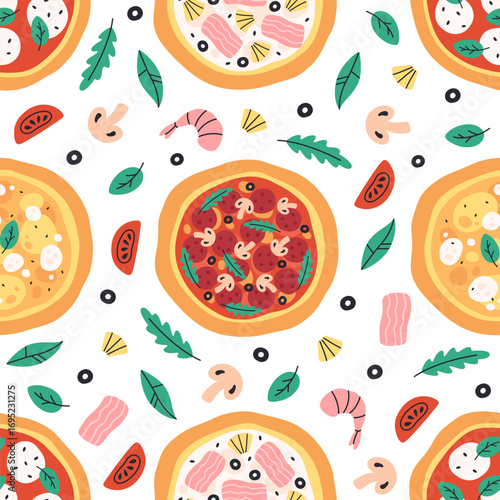 Seamless pattern with cute tasty hand drawn Italian pizza. Doodle pizza print for banner, wallpaper, textile, wrapping paper, background, cards. Vector illustration in flat style