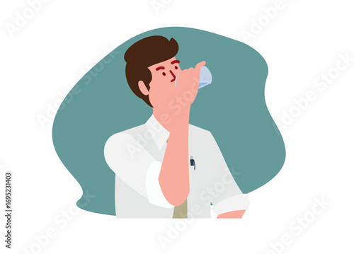 Male employee drinking water. Simple flat illustration