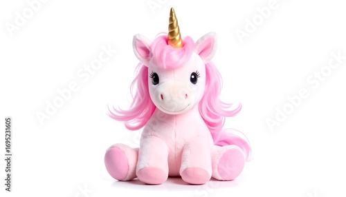 Adorable pink plush unicorn toy with golden horn on a clean white backdrop