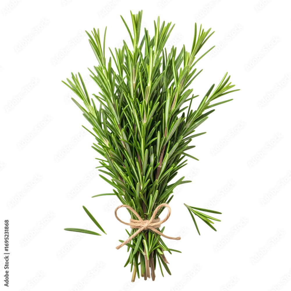 Fototapeta premium Fresh Rosemary Sprigs: Culinary Herb Bunch, Tied with Twine, Isolated on White
