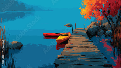 Wooden dock on calm blue lake with red and yellow kayaks perfect for travel lifestyle and scenic nature marketing.

