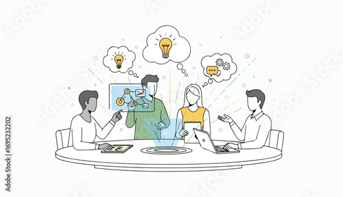 Diverse team collaborating around a table, brainstorming ideas and sharing information using interactive technology.