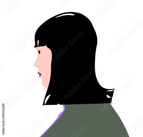 Person profile, side view. Young asian character, neutral emotion, head turned, looking aside, sideways. Flat vector illustration isolated on white background.