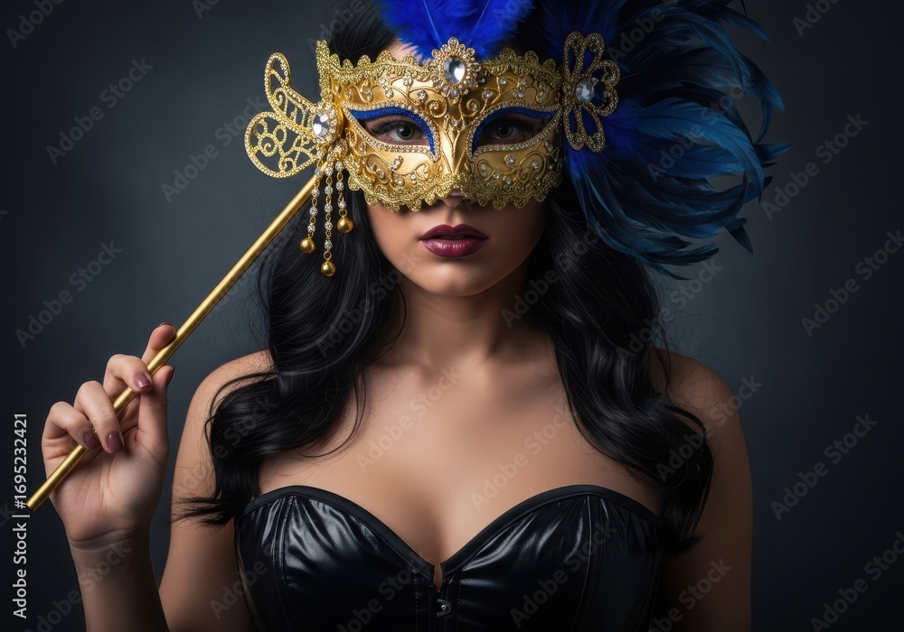 Fototapeta premium Elegant woman wearing a gold and blue ornate masquerade mask with feathers and holding a golden stick, looking at the camera