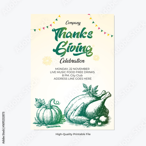 Thanksgiving Flyer Print File with Live Music, Free Drinks, Autumn Feast – November Celebration Invitation