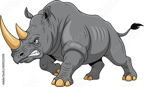 Aggressive cartoon rhinoceros, golden horns, fierce animal mascot, dynamic pose, wild beast illustration, vector art, wildlife logo, powerful creature design