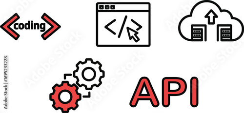 Set of software development line art icons. Includes vector symbols for coding, cloud computing API integration server hosting and process automation Web and app development concepts