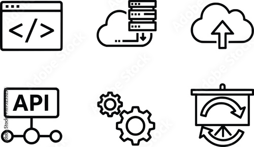 Web development icon set in a modern line art style. Coding, Cloud database and API symbols Vector illustration Software engineering and digital transformation concept