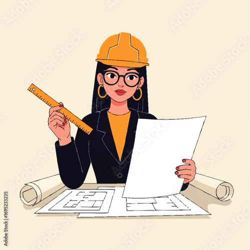 Female architect reviewing blueprints with hard hat and ruler.