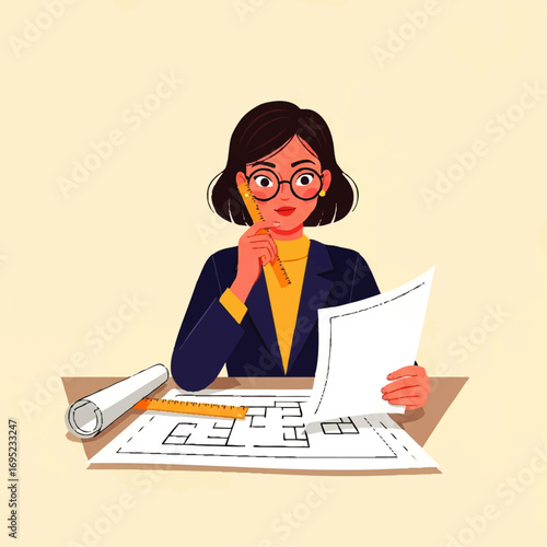 Woman architect reviewing blueprints with pencil and paper.