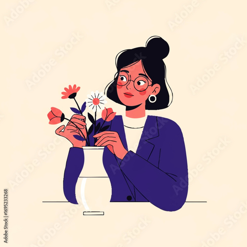 Woman arranging flowers in a vase with thoughtful expression.