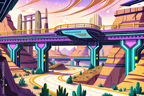 Cyberpunk canyon with neon bridges and glowing futuristic graffiti cartoon vector, surreal retro sci-fi desert
