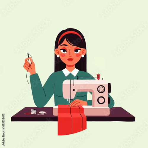 Woman sewing fabric on a sewing machine with thread and needles.