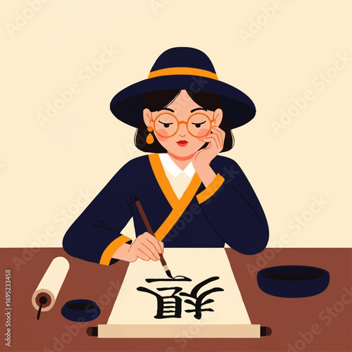 Woman practicing traditional Chinese calligraphy with focus and dedication.