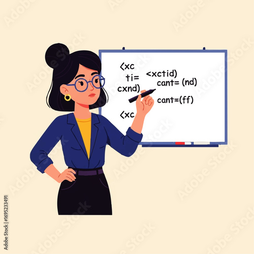 Woman teacher writing code on whiteboard explaining programming concepts.