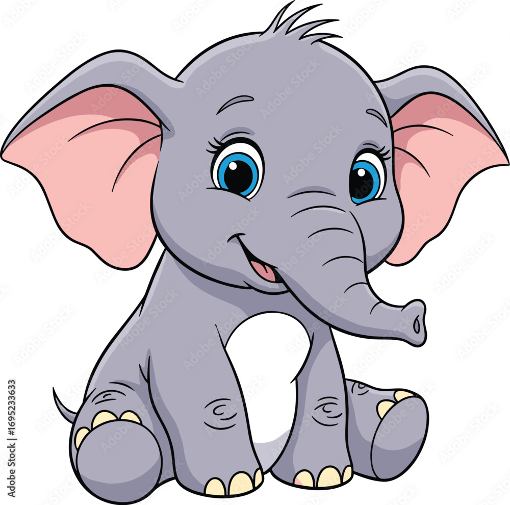 Naklejka premium Cartoon baby elephant, sitting pose, cute animal character, vector illustration, big ears, blue eyes, children’s theme, playful design, friendly expression