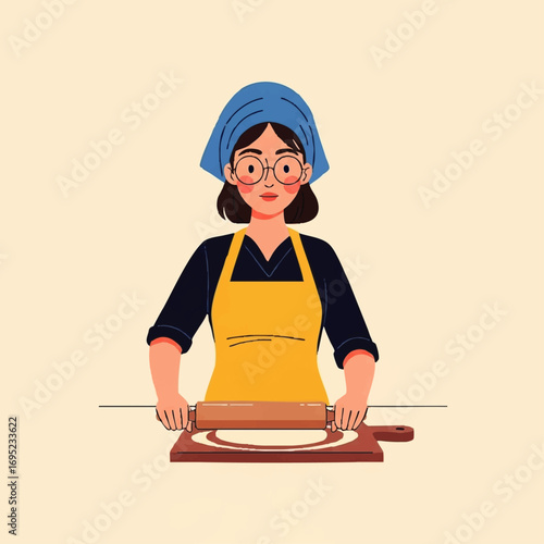 Woman wearing apron and headscarf rolling dough with a rolling pin.