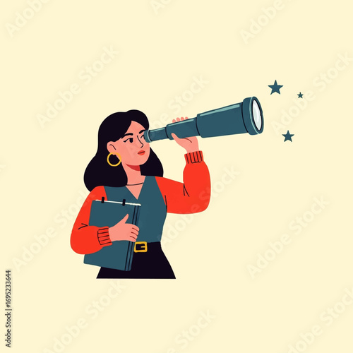 Woman with a telescope looking into the distance holding a notebook.