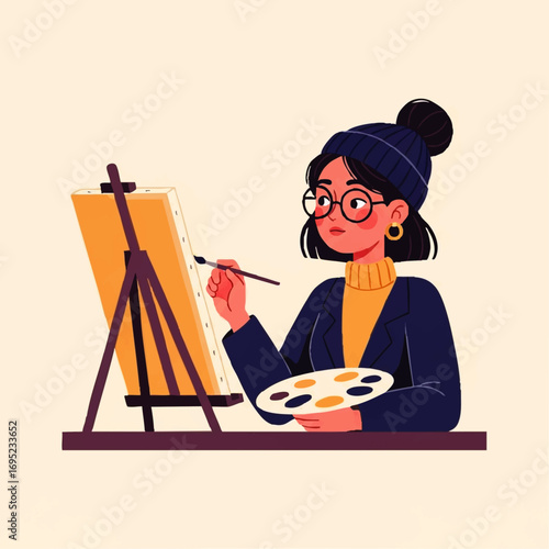 Young woman artist painting on canvas with easel and palette.