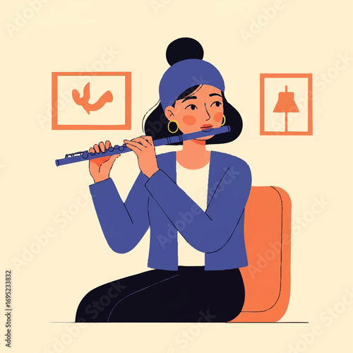 Young woman playing the flute with concentration.