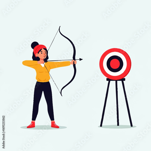 Young woman practicing archery aiming at a target.