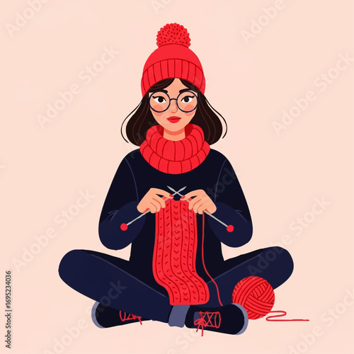 Young woman wearing glasses and a knitted hat knitting a scarf.