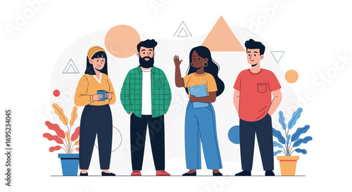 Flat vector illustration of a diverse group of young adults standing together. Four characters with casual modern outfits