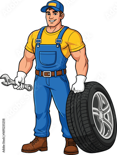 Cartoon mechanic character, holding wrench, standing with tire, auto repair worker, garage service, vector illustration, friendly technician, blue uniform