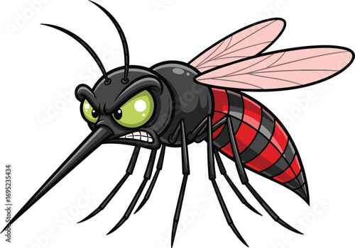 Cartoon mosquito, angry insect, vector illustration, pest control, disease carrier, malaria bug, red black stripes, educational, aggressive, isolated, wings, proboscis, dangerous, biting insect