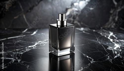 Dark perfume bottle on black marble