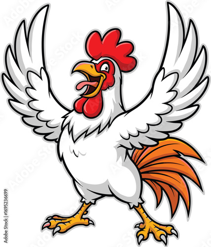 Cartoon rooster, crowing bird, farm animal, colorful feathers, red comb, animated style, vector art, expressive pose, morning, sunrise, wings, tail, yellow legs, farm life