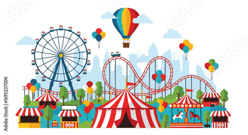 Colorful amusement park illustration with ferris wheel, roller coaster, carousel, circus tent, food stalls, balloons, and hot air balloon set against a city skyline for family fun and entertainment