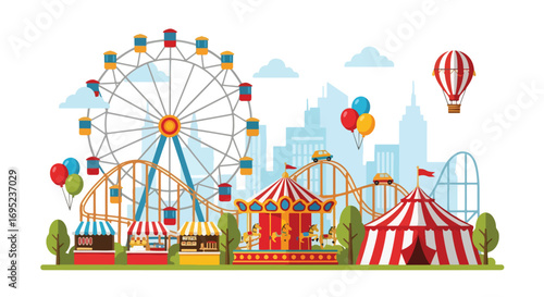 Colorful amusement park illustration with ferris wheel, roller coaster, carousel, circus tent, food stalls, balloons, and hot air balloon set against a city skyline for family fun and entertainment