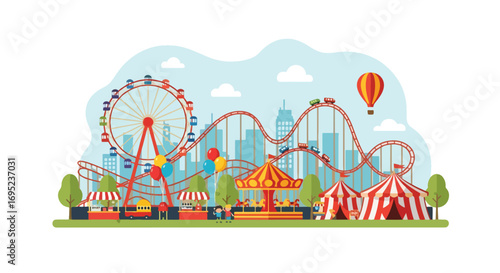 Colorful amusement park illustration with ferris wheel, roller coaster, carousel, circus tent, food stalls, balloons, and hot air balloon set against a city skyline for family fun and entertainment
