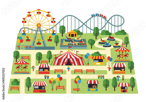 Colorful Map of an amusement park with ferris wheel, roller coaster, bumper cars, carousel, circus tent, food stalls, balloons, and funfair attractions for kids and families