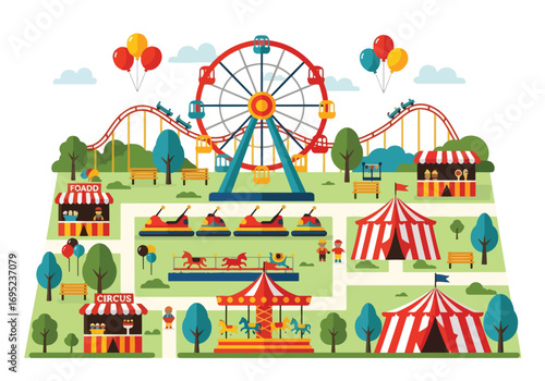 Colorful Map of an amusement park with ferris wheel, roller coaster, bumper cars, carousel, circus tent, food stalls, balloons, and funfair attractions for kids and families
