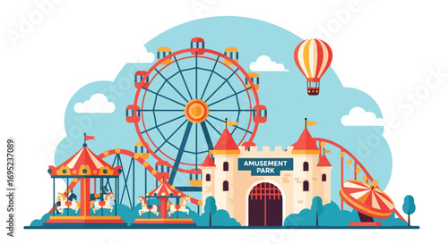 Vibrant amusement park illustration featuring ferris wheel, carousel, roller coaster, castle entrance, hot air balloon, and funfair rides for family entertainment and outdoor adventure