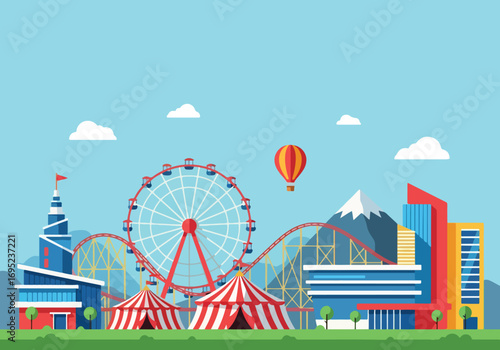 Vibrant amusement park illustration with ferris wheel, roller coaster, circus tents, colorful buildings, and hot air balloon against mountain backdrop for fun, family, and entertainment