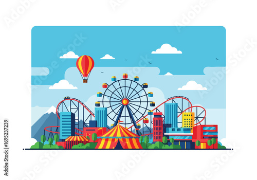 Vibrant amusement park illustration with ferris wheel, roller coaster, circus tents, colorful buildings, and hot air balloon against mountain backdrop for fun, family, and entertainment